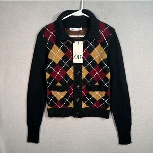 Zara Women's Argyle Cardigan - Black, Red, Gold
